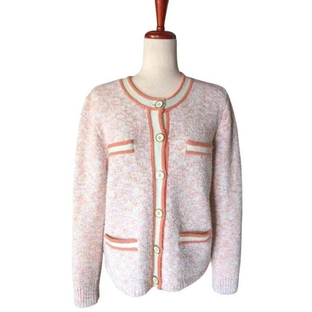 J.Crew Pink Peach Space Dye Marl Lady Jacket Cardigan Sweater Crew Neck Size M/L